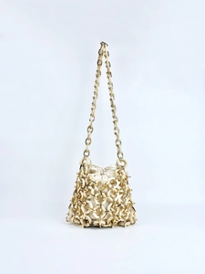 Women Acrylic Woven Shoulder Bag Hollow Metal Ring Drawstring Bucket Crossbody Retro Style