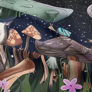 Gros plan détaillé montrant la texture du tissu et l'imprimé champignon de la tapisserie