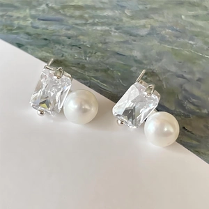 Geometric Stud Earrings With 925 Sterling Silver Earring Post Rectangle Zircon And Round Artificial Pearl Minimalist Elegant For Women