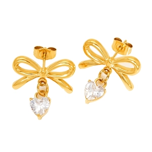 Boucles d'oreilles nœud doré avec pendentif en zircon en forme de cœur pour femme