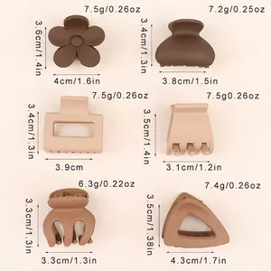 Brown matte small hair claw clip set with dimensions and weight for different styles