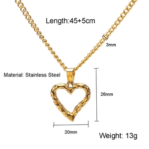 Detail view of gold heart pendant with size dimensions and stainless steel specifications