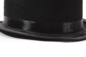 Detail of black felt top hat showing the satin band and high-quality edge stitching