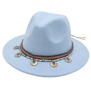 Cappello Fedora Vintage Etnico in Misto Cotone Falda Larga Jazz Fascia Intrecciata Tribale Perline Lega Pendenti Gemma
