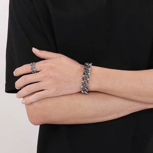Gioielli Punk Teschio Da Uomo Acciaio Inossidabile Bracciale Catena Cubana E Anello Stile Gotico Retro