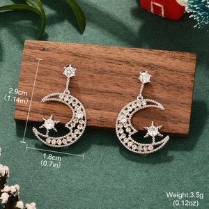 Silver star and moon fringe earrings with clear crystals and product dimensions
