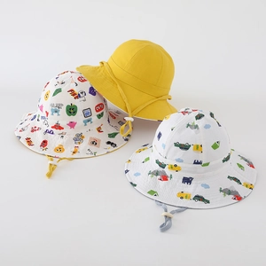 Kids Cotton Bucket Hat Reversible Cartoon Print Sun Protection Breathable Adjustable Windproof Chin Strap For Toddlers