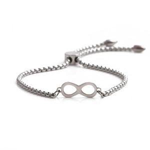 Silver infinity symbol adjustable box chain bracelet for men and women on white background
