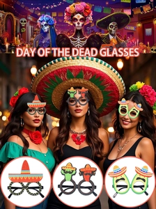 Detail of Day of the Dead party glasses with sombrero, cactus and avocado designs