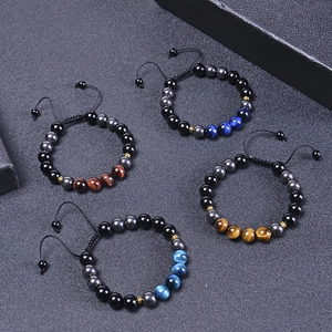 Détails de bracelets en œil de tigre de 10mm avec cordons tissés réglables en quatre couleurs