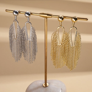 Hollow geometric tassel drop earrings in silver and gold metal bead chain style
