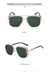 Macro detail of steampunk gold frames with G15 green lenses and side metal shields