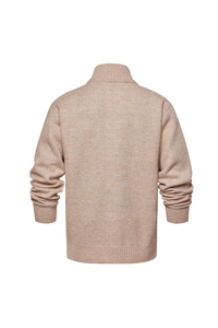 Detail view of the back of a men's knit cardigan with high stand collar and ribbed hem