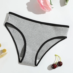 Women's grey ribbed cotton panties with black lace trim on a clean white background