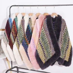 Ethnic faux fox fur collar knit ponchos with colorful patterns in multiple colors