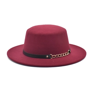 Burgundy flat top wool felt fedora hat with black leather band and gold chain detail