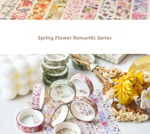 Detailed macro of Spring Flower Romantic series washi tape with floral patterns