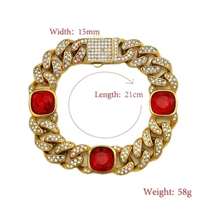 Bracelet cubain doré de 15 mm serti de cristaux et de grandes gemmes rouges carrées