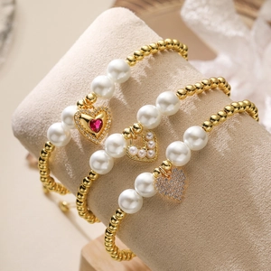 Heart Pendant Bracelet 18K Gold Plated Copper Beads Faux Artificial Pearl Adjustable Drawstring Fashion Jewelry For Women