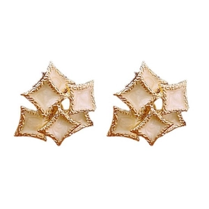 Vintage gold square oil-drop layered earrings with white enamel on white background