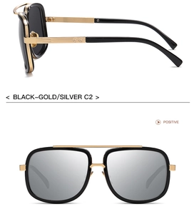 Detail of black-gold metal frame sunglasses with silver mirrored lenses from multiple angles