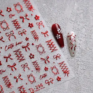 3D Embossed Nail Art Stickers Metallic Red Bow Ribbon Cross Lacing Adhesive Manicure Decoration For Women