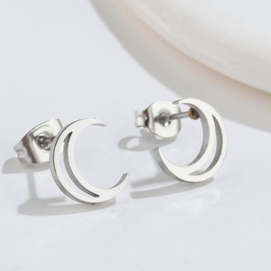 Minimalist silver moon stud earrings made of polished stainless steel for women