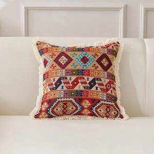 Amerikanischer Landhausstil Baumwolle Leinen Kissen mit Jacquard Muster und Fransen