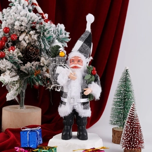 Close-up of Santa Claus plush doll in black and white plaid suit with gift bag