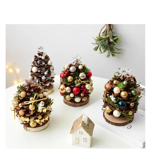 Mini pine cone Christmas tree ornaments with wooden base and colorful festive baubles