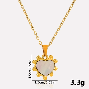 Detail of 1.5cm gold heart pendant with iridescent purple shell inlay and dimensions