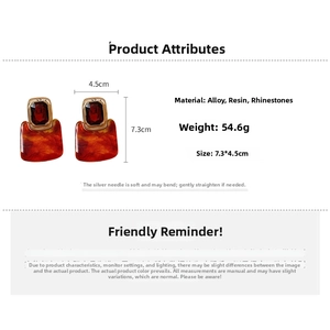 Detailed size and material specs for vintage red stone and amber resin square earrings