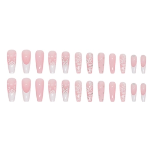 Long ballerina press-on nails with white French tips, floral patterns and rhinestones