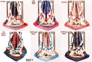 Detail view of retro carriage print silk satin scarves in six various color patterns