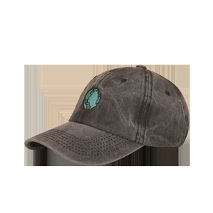 Vintage dark grey washed cotton baseball cap with green earth embroidery from a side view
