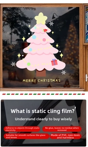 Detailed macro view of PVC pink Christmas tree window sticker with static cling technology