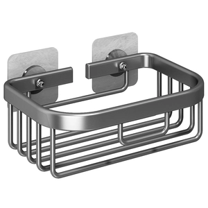 Wall-mounted dark grey metal bathroom storage basket with self-adhesive hooks for shower