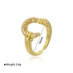 Adjustable 18k gold plated geometric crescent ring with sparkling zircon inlays