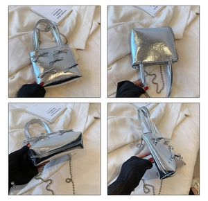 Detailed views of silver handbag with bow accents and metallic chain strap from all angles