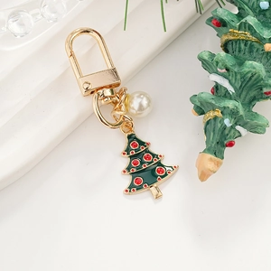 Christmas Enamel Metal Keychain Santa Claus Reindeer Snowman Tree Pendant Faux Artificial Pearl Bag Hanging Ornament Festive Holiday Gift