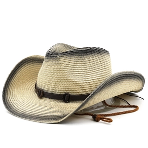 Outdoor straw cowboy hat with gradient brim, brown leather strap, and chin cord for sun protection
