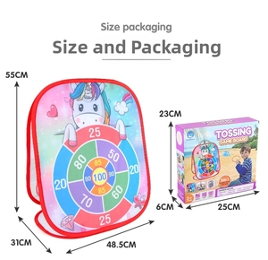 Detailed view of unicorn theme folding pop-up sandbag target with size packaging info