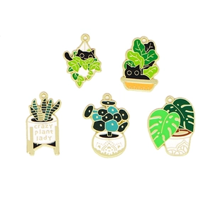 Cute black cat enamel charms with potted plants and Crazy Plant Lady text for DIY jewelry