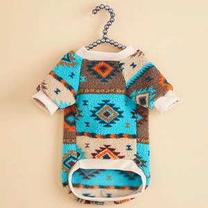 Plush pet hoodie with blue and orange geometric totem pattern on pearl hanger