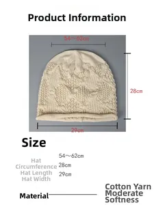 Size chart showing 54-62cm circumference for beige hollow knit cotton yarn bucket hat