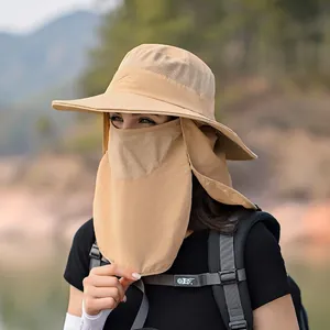 Khaki outdoor sun protection hat set with breathable mesh face cover and neck shield cover