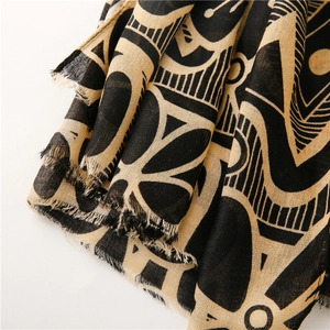Macro shot of abstract geometric print scarf with soft texture and tassel fringe details