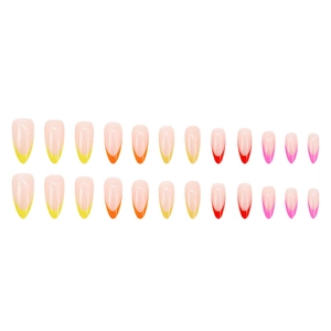 Rainbow almond press-on nails set with vibrant yellow, orange, and pink french tips