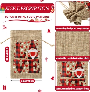 Detail view of 10x14cm burlap drawstring bags with festive heat transfer heart patterns