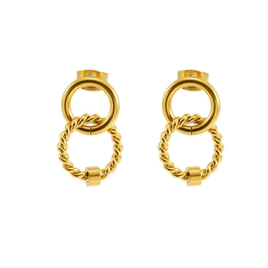 Vintage interlocking stainless steel hoop earrings with textured gold twisted rope design